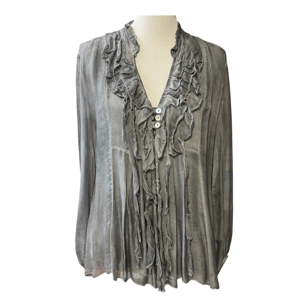 Tina Stephens Size-OS Womens Top Silk Blend Ruffle V-Neck Grey Italy